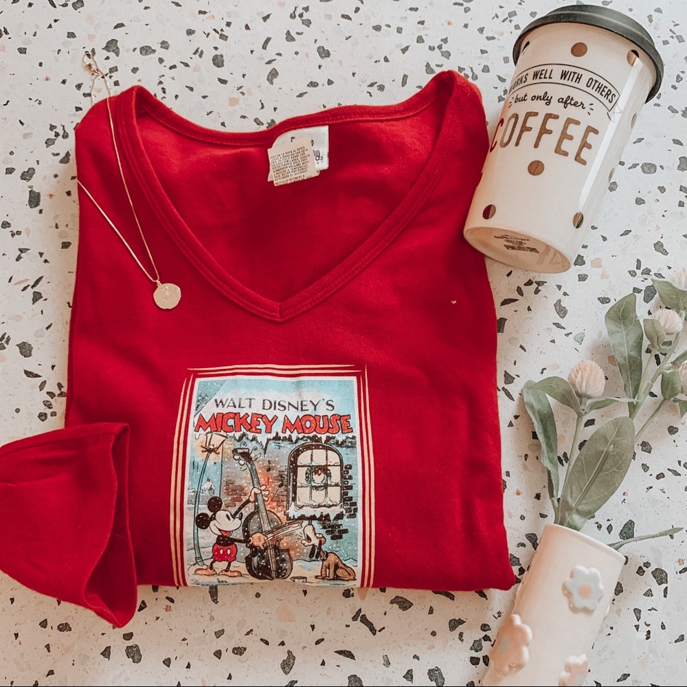 Vintage Red V-neck Disney Christmas Top SZ XL